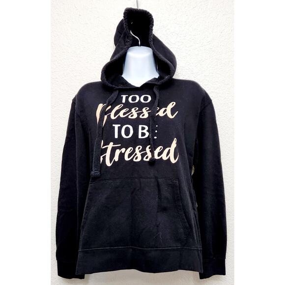Wound Up Black Too Blessed To Be Stressed Graphic Hoodie Small Kangaroo Pocket - Picture 1 of 6